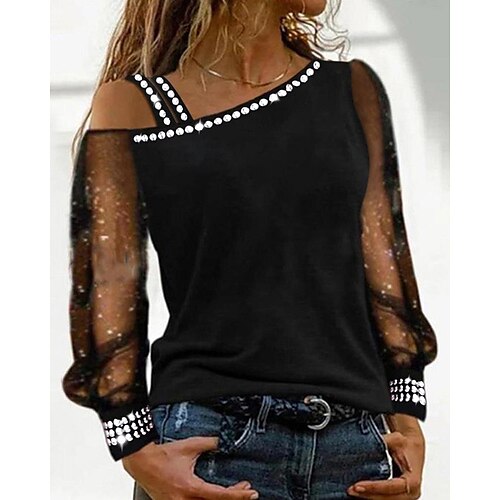 

Women's Shirt Blouse Black Beige White Color Block Rhinestone Long Sleeve Casual Basic Off Shoulder Regular S