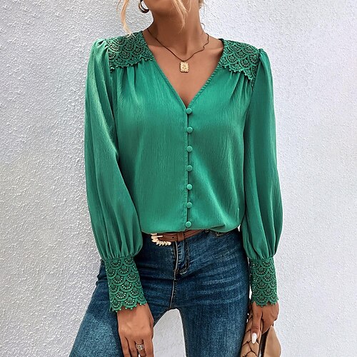 

Women's Shirt Blouse Green Plain Lace Patchwork Long Sleeve Casual Basic V Neck Regular S