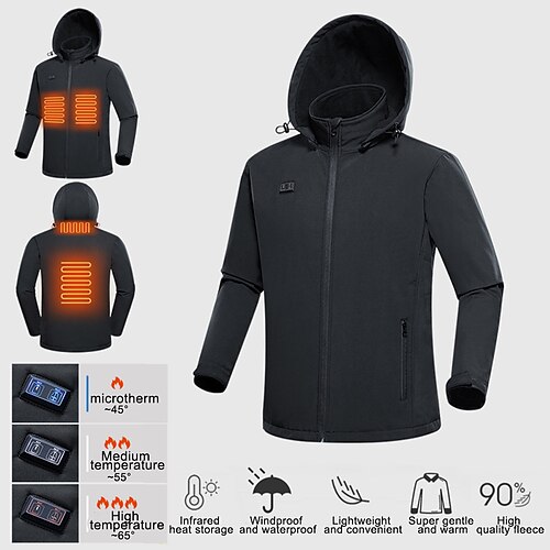 

Men Heated Jackets Full Zipper Black Hooded Coats Winter Outdoor Warm USB Heating Jackets Waterproof Outerwear