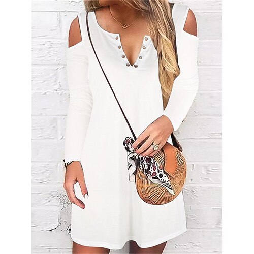 

Women's Casual Dress T Shirt Dress Tee Dress Mini Dress Black White Grey Long Sleeve Pure Color Cut Out Winter Fall Spring V Neck Fashion Daily Vacation Loose Fit 2023 S M L XL XXL