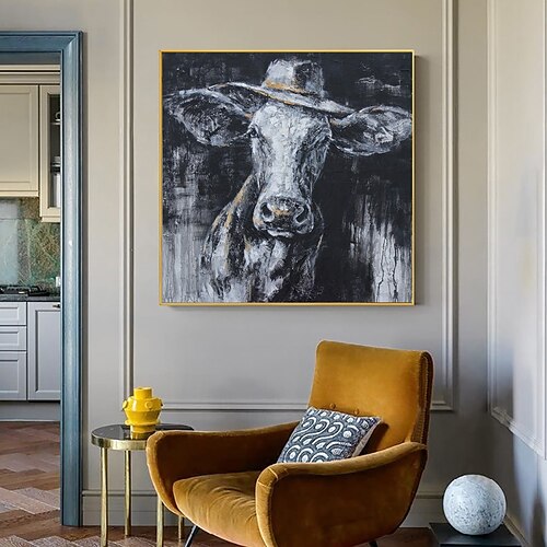 

Handmade Oil Painting Canvas Wall Art Decoration Modern Animal Bull in A Hat for Home Decor Rolled Frameless Unstretched Painting