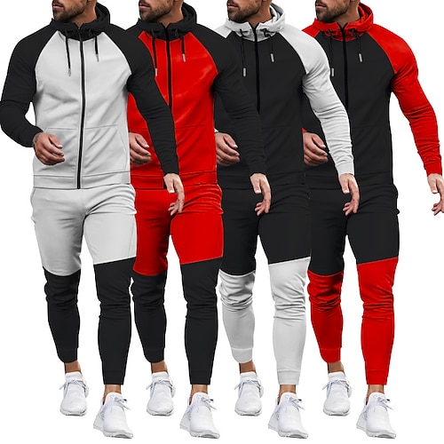 

Men's Tracksuit Sweatsuit Zip Hoodie Sweatshirt Hoodie Jacket Jogging Suits Black Red BlackGray Gray Hooded Color Block Patchwork Pocket 2 Piece Sports Outdoor Casual Daily Streetwear Cool Athletic