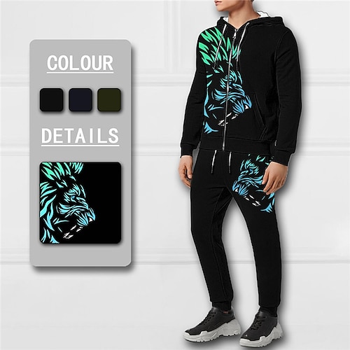 

Men's Tracksuit Hoodies Set Full Zip Hoodie Black Army Green Navy Blue Hooded Graphic Lion Zipper 2 Piece Print Sports Outdoor Casual Sports 3D Print Basic Streetwear Designer Fall Spring Clothing