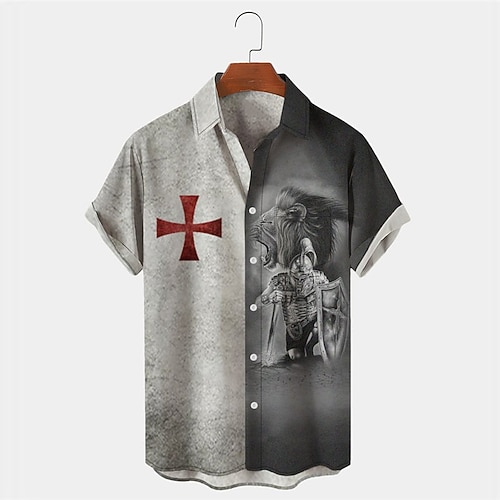 

Men's Shirt Summer Hawaiian Shirt Lion Graphic Prints Cross Turndown Gray Street Casual Short Sleeves Button-Down Print Clothing Apparel Tropical Fashion Hawaiian Designer