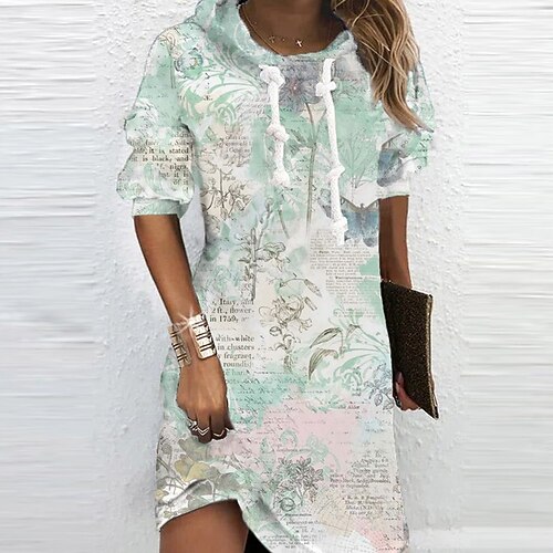 

Women's Casual Dress Hoodie Dress Shift Dress Mini Dress Blue Green Long Sleeve Floral Print Winter Fall Spring Hooded Fashion Daily 2022 S M L XL XXL 3XL