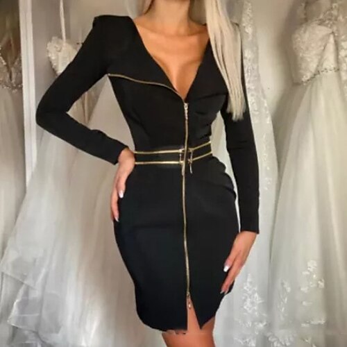 

Mujer Corte Bodycon Vestido tubo vestido atractivo Mini vestido Negro Manga Larga Color puro Retazos Invierno Otoño Primavera Escote en V Profunda caliente Cita 2022 S M L XL