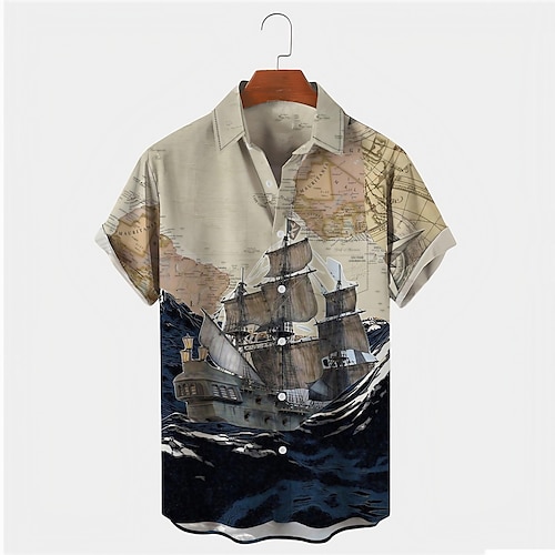 

Homens Camisa Social Camisas havaianas vintage Mapa Estampas Abstratas Barco Aberto para a Lateral Cáqui Impressão 3D Ao ar livre Rua Manga Curta Botão para baixo Imprimir Roupa Roupa de rua Designer