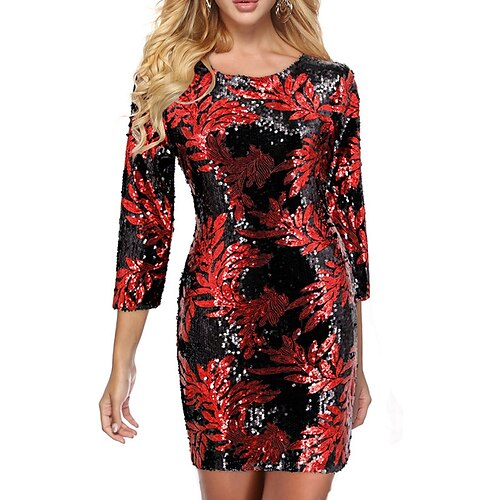 

Damen Paillettenkleid Heimkehr-Kleid Bodycon Minikleid Rote Gold Grün 3/4 Ärmel Graphic Pailletten Winter Herbst Frühling Rundhalsausschnitt Modern Verabredung 2022 S M L XL 2XL