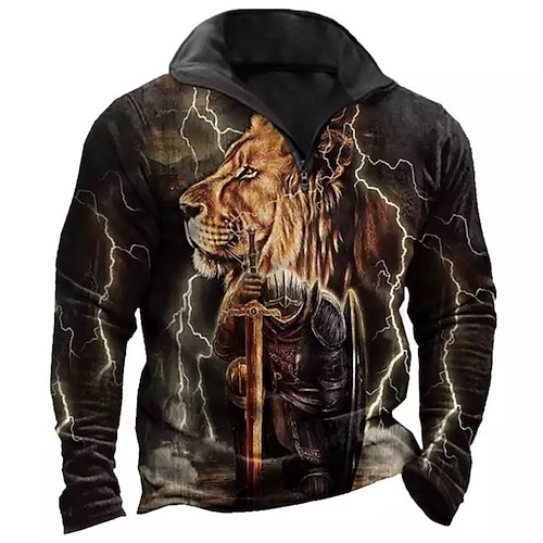 

Men's Zip Up Sweatshirt Pullover Black Half Zip Lion Graphic Prints Zipper Print Daily Sports 3D Print Basic Designer Casual Spring Fall Clothing Apparel Knight Hoodies Sweatshirts