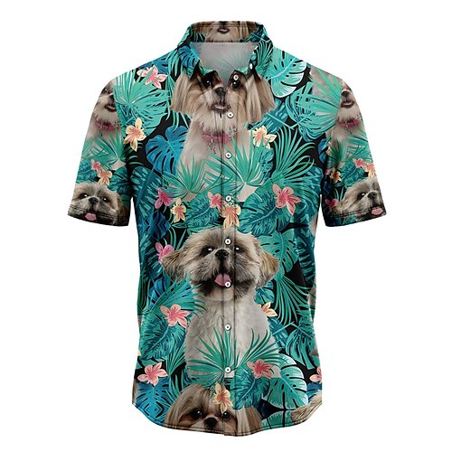 

Men's Shirt Summer Hawaiian Shirt Floral Dog Tropical Graphic Prints Turndown Blue Street Casual Short Sleeves Button-Down Print Clothing Apparel Tropical Fashion Hawaiian Designer