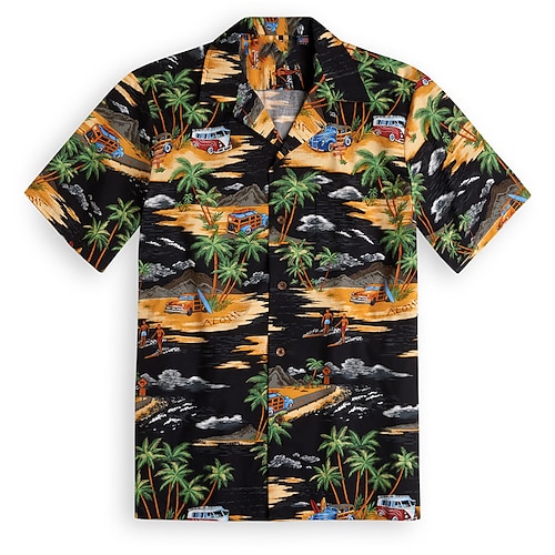 

Men's Shirt Car Coconut Tree Beach Mountain Turndown Yellow 3D Print Outdoor Street Short Sleeves Button-Down Print Clothing Apparel Tropical Designer Casual Hawaiian