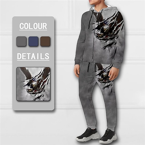 

Men's Tracksuit Hoodies Set Full Zip Hoodie Blue Brown Gray Hooded Graphic Eagle Zipper 2 Piece Print Sports Outdoor Casual Sports 3D Print Basic Streetwear Designer Fall Spring Clothing Apparel