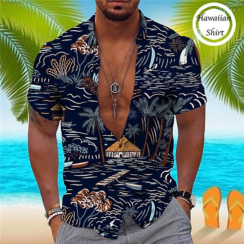 

Men's Shirt Graphic Prints Beach Turndown Black Navy Blue Street Casual Short Sleeves Button-Down Print Clothing Apparel Tropical Fashion Designer Hawaiian