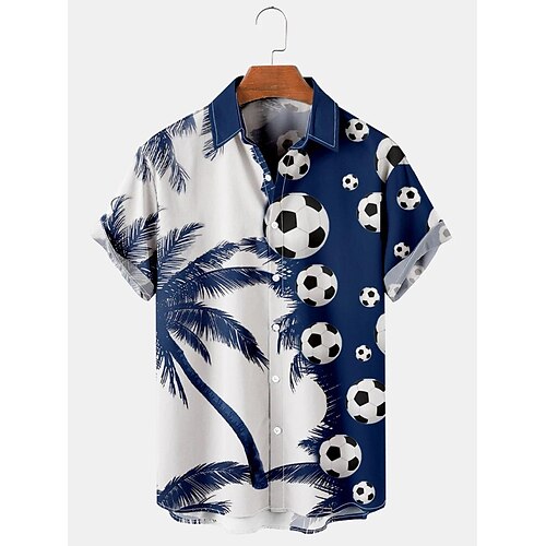 

Men's Shirt Coconut Tree Football Graphic Prints Turndown Blue 3D Print Outdoor Daily Short Sleeves Button-Down Print Clothing Apparel Sports Fashion Designer Soft