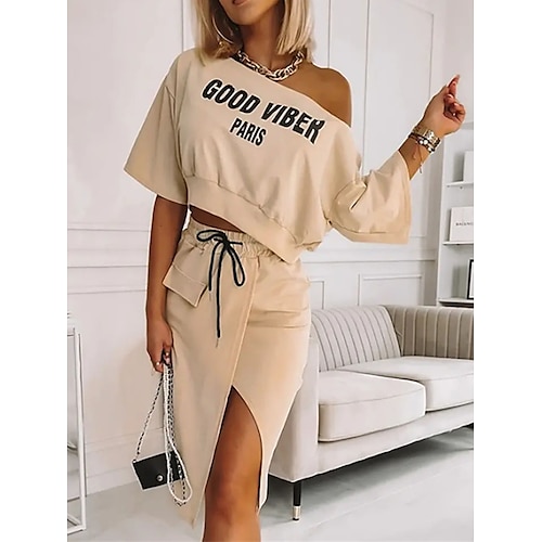 

Damen Casual kleid Sweatkleid Zweiteiliges Kleid Midikleid Khaki Kurzarm Buchstabe Tasche Sommer Frühling Schulterfrei Modisch Urlaub Lockere Passform 2023 S M L XL XXL 3XL