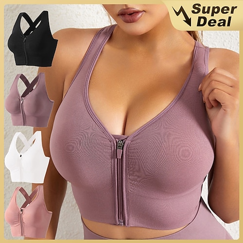 

Women's Sports Bra High Support Full Zip Wireless Solid Color Black White Yoga Fitness Gym Workout Bra Top Sport Activewear Breathable Quick Dry Comfortable Stretchy Slim