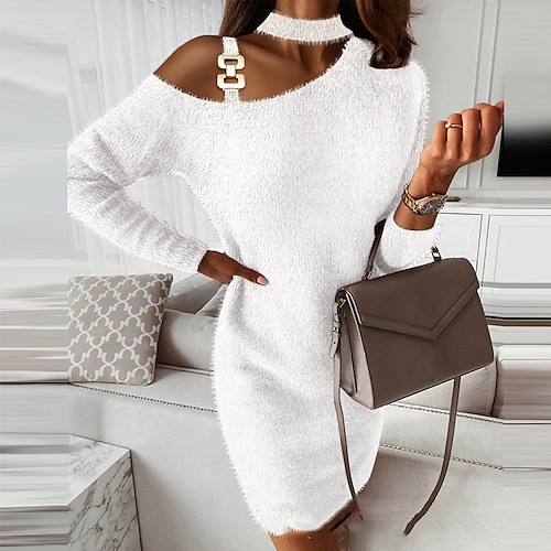 

Women's Work Dress Bodycon Sheath Dress Mini Dress White Long Sleeve Pure Color Cold Shoulder Winter Fall Spring Stand Collar Fashion Daily Loose Fit 2023 S M L XL