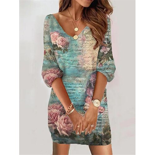 

Mini robe Femme Robe casual Manches 3/4 Eté Printemps - Mode Imprimer Fleur Col V Ample 2023 Bleu Vert Bleu clair S M L XL XXL 3XL