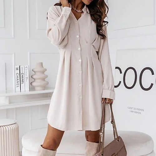 

Women's Casual Dress Shirt Dress Mini Dress Black White Apricot Long Sleeve Pure Color Ruched Winter Fall Spring Shirt Collar Classic Daily Weekend Loose Fit 2023 XS S M L XL 2XL 3XL