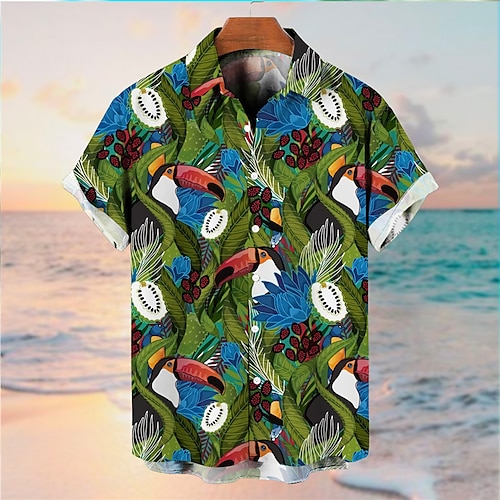 

Men's Shirt Bird Graphic Prints Leaves Turndown Green Blue 3D Print Outdoor Street Short Sleeves Button-Down Print Clothing Apparel Tropical Fashion Designer Hawaiian