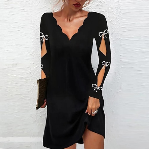 

Mini robe Femme Robe casual manche longue Hiver Automne Printemps - Mode Découpé Noeud Couleur monochrome Col V du quotidien 2023 Noir et Blanc S M L XL