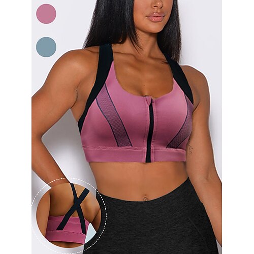 

Women's Medium Support Sports Bra Running Bra Cross Back Zip Front Bra Top Padded Yoga Fitness Gym Workout Breathable Lightweight Soft Spandex Rosy Pink Blue Color Block