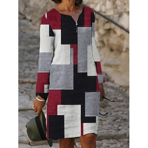 

Per donna Abito casual Abito a T shirt Vestito a trapezio Mini abito Blu chiaro Nero Rosso Manica lunga Fantasia geometrica Cerniera Inverno Autunno Primavera Girocollo Classico Giornaliero Fine