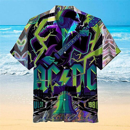 

Men's Shirt Summer Hawaiian Shirt Graphic Prints Guitar Turndown Green Casual Holiday Short Sleeve Button-Down Print Clothing Apparel Tropical Fashion Hawaiian Soft