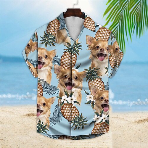 

Men's Shirt Summer Hawaiian Shirt Floral Dog Pineapple Graphic Prints Turndown Blue Street Casual Short Sleeves Button-Down Print Clothing Apparel Tropical Fashion Hawaiian Designer