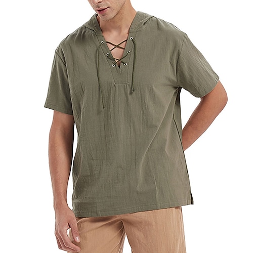 

Men's Shirt Casual Shirt Plain Hooded Black Blue Brown Green Street Casual Short Sleeve Lace up Clothing Apparel Cotton Fashion Classic Comfortable