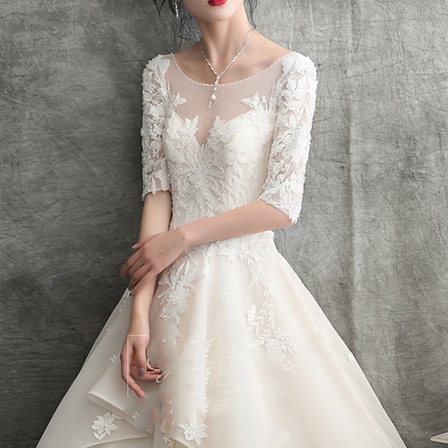 

Vintage Da cerimonia Abiti da sposa Lungo Linea-A Mezza manica Con decorazione gioiello Di pizzo Con A pieghe Con applique 2023 Abiti da sposa