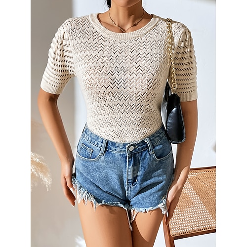 

Mujer Suéter de punto Puente Croché Tejer Delgado Color sólido Cuello Barco Básico Estilo retro Diario Festivos Manga Farol Primavera Verano Negro Blanco S M L