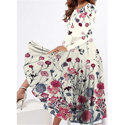 

Women's Casual Dress Swing Dress Midi Dress Black Khaki Beige Long Sleeve Floral Pocket Winter Fall Spring Crew Neck Fashion Daily Weekend 2023 S M L XL XXL 3XL