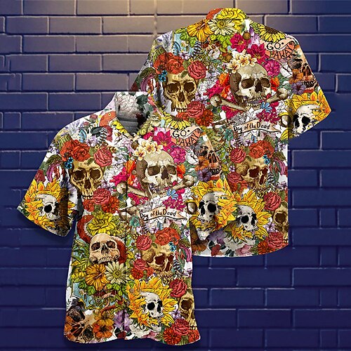 

Men's Shirt Summer Hawaiian Shirt Floral Skull Graphic Prints Turndown Red Casual Holiday Short Sleeve Button-Down Print Clothing Apparel Tropical Fashion Hawaiian Soft