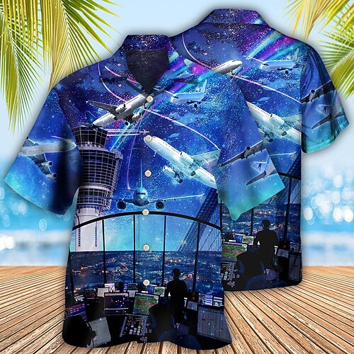 

Men's Shirt Summer Hawaiian Shirt Graphic Prints Airplane Turndown Blue Casual Holiday Short Sleeve Button-Down Print Clothing Apparel Tropical Fashion Hawaiian Soft