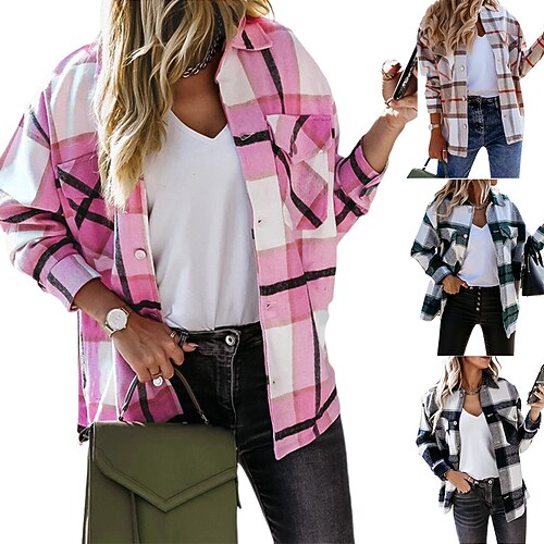 

Women's Shacket Black Pink Green Plaid Button Pocket Long Sleeve Casual Basic Shirt Collar Regular S