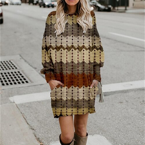 

Women's Casual Dress Sweatshirt Dress Shift Dress Mini Dress Yellow Orange Khaki Long Sleeve Geometric Pocket Winter Fall Spring Crew Neck Fashion Daily Loose Fit 2023 S M L XL XXL 3XL
