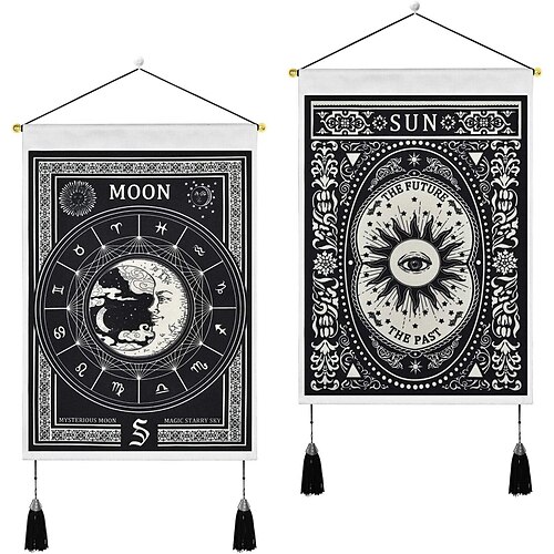 

Pack of 2 Tarot Divination Woven Bohemian Wall Tapestry Zodiac Art Decor Blanket Curtain Hanging Home Bedroom Living Room Decoration Nordic Cotton Linen Tassel Moon Stars Sun 14 x 20