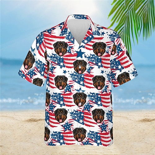 

Men's Shirt Summer Hawaiian Shirt Flag Dog Graphic Prints Turndown Blue Street Casual Short Sleeves Button-Down Print Clothing Apparel Tropical Fashion Hawaiian Designer