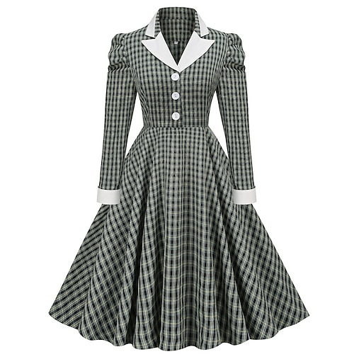 

Women's Swing Dress Skater Dress Vintage Dress Midi Dress ArmyGreen Long Sleeve Plaid Ruched Winter Fall Spring Shirt Collar Classic Daily Weekend 2023 Style S M L XL 2XL