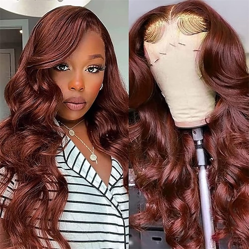 

10a rødbrun body wave 13x4 blonde front parykker menneskehår til kvinder brasiliansk remy hår blonder frontal paryk fri del præ plukket med baby hår kobber rød farve 150% tæthed 18 tommer