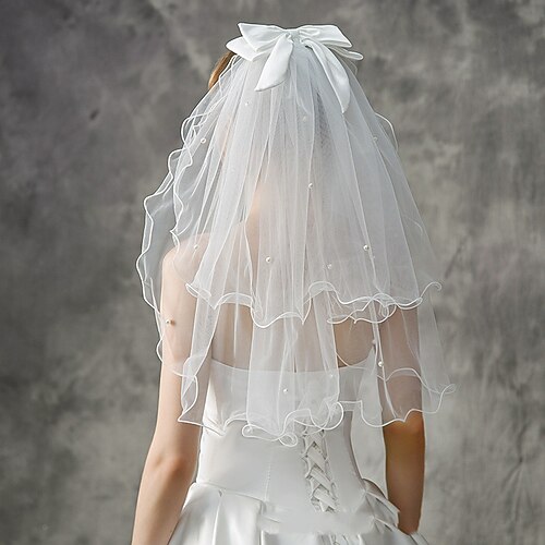 

2 strati Moda / Con perline Veli da sposa Velo corto (ai gomiti) con Perle false / Fiocco in satin Tulle