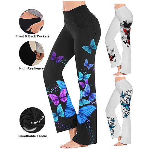 

pantaloni larghi da donna con tasche laterali stile yoga vita alta asciugatura rapida fitness palestra pantaloni da allenamento farfalla bianco nero blu sportivo abbigliamento sportivo elastico 21