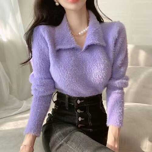 

Women's Pullover Jumper Waffle Knit Faux Fur Trim Solid Color Shirt Collar Casual Daily Weekend Winter Fall Green Purple One-Size