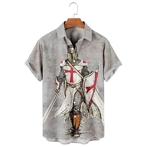 

Men's Shirt Graphic Prints Cross Soldier Turndown Gray 3D Print Outdoor Street Short Sleeves Button-Down Print Clothing Apparel Vintage Streetwear Designer