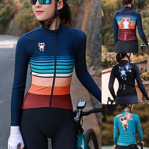 

21Grams Women's Cycling Jersey Long Sleeve Bike Jersey Top with 3 Rear Pockets Mountain Bike MTB Road Bike Cycling Breathable Quick Dry Moisture Wicking Reflective Strips Black Dark Navy Blue Cat