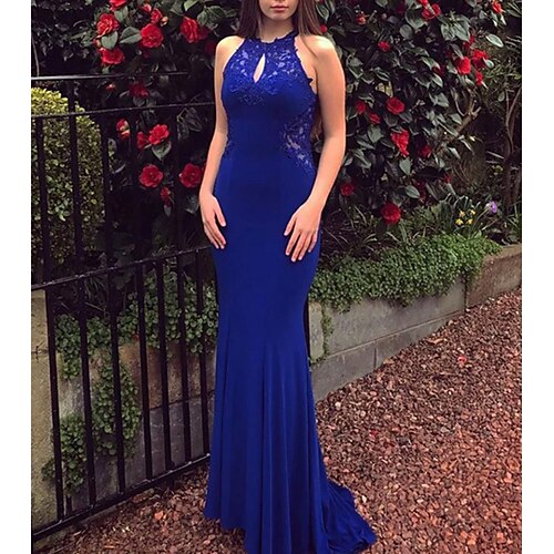 

A sirena Abiti da ballo Stile impero Vestito Graduazione Strascico a terra Senza maniche Con decorazione gioiello Elastene con Con applique 2023
