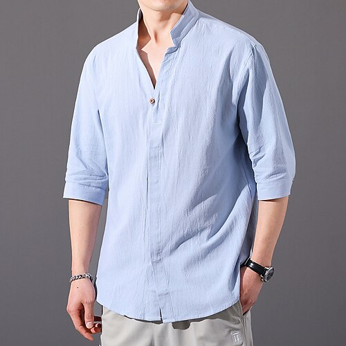 

Men's Linen Shirt Plain Standing Collar Black White Light Green Light Sky Blue Casual Daily Half Sleeve Button-Down Clothing Apparel Fashion Streetwear Classic