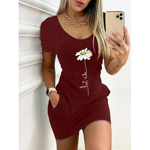 

Mini robe Femme Robe casual Manche Courte Eté Printemps - Mode Poche Imprimer Fleur Col Ras du Cou 2023 Noir Vin Grise S M L XL XXL