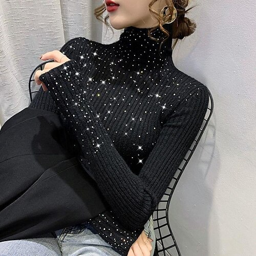 

Women's Shirt Blouse Black [hot diamond] Blue [solid color] Rose red [hot diamond] Plain Crochet Rhinestone Long Sleeve Casual Basic High Neck Regular S